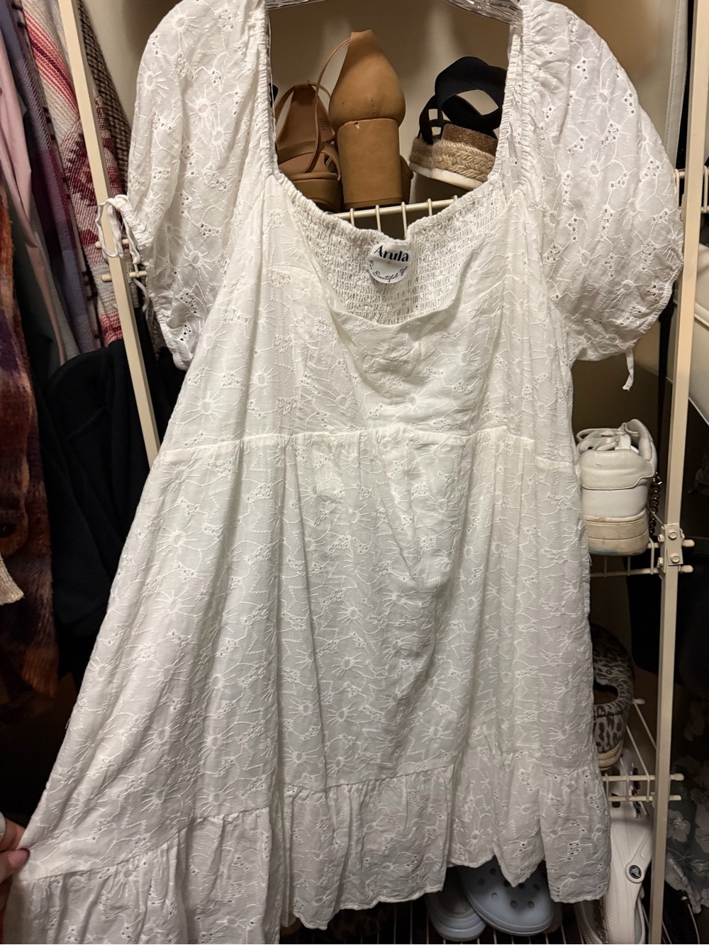 ARULA White Eyelet Puff-Sleeve Midi Dress
